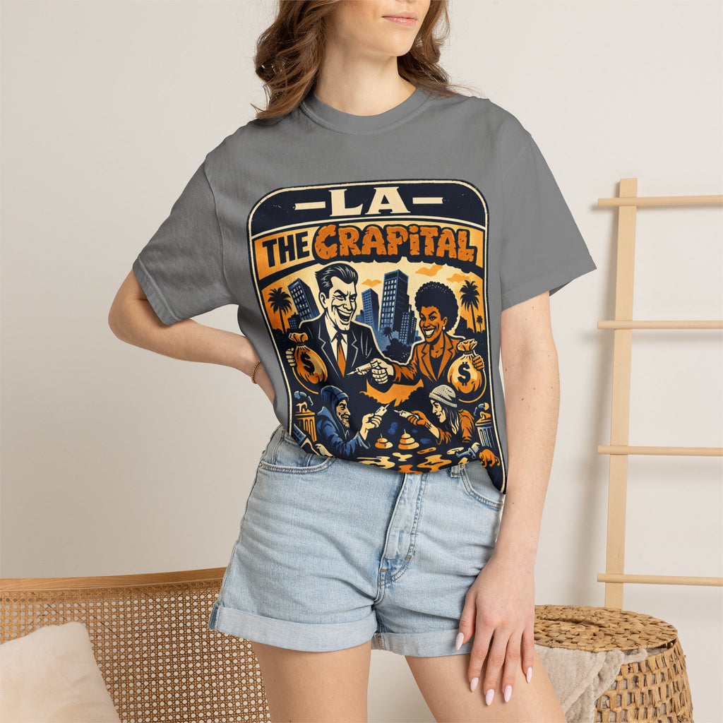 "Falconee | LA The Crapital of Corruption" Premium Political Satire T-Shirt"-Comfort Colors 1717, Bella Canvas 3001, and Gildan 5000