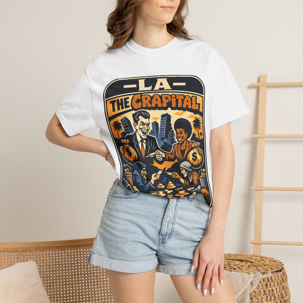 "Falconee | LA The Crapital of Corruption" Premium Political Satire T-Shirt"-Comfort Colors 1717, Bella Canvas 3001, and Gildan 5000