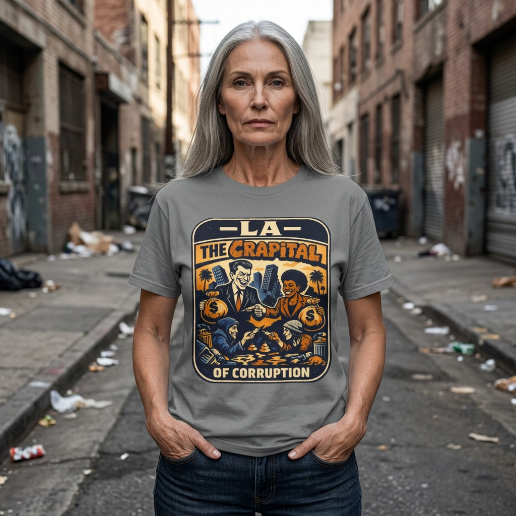 "Falconee | LA The Crapital of Corruption" Premium Political Satire T-Shirt"-Comfort Colors 1717, Bella Canvas 3001, and Gildan 5000