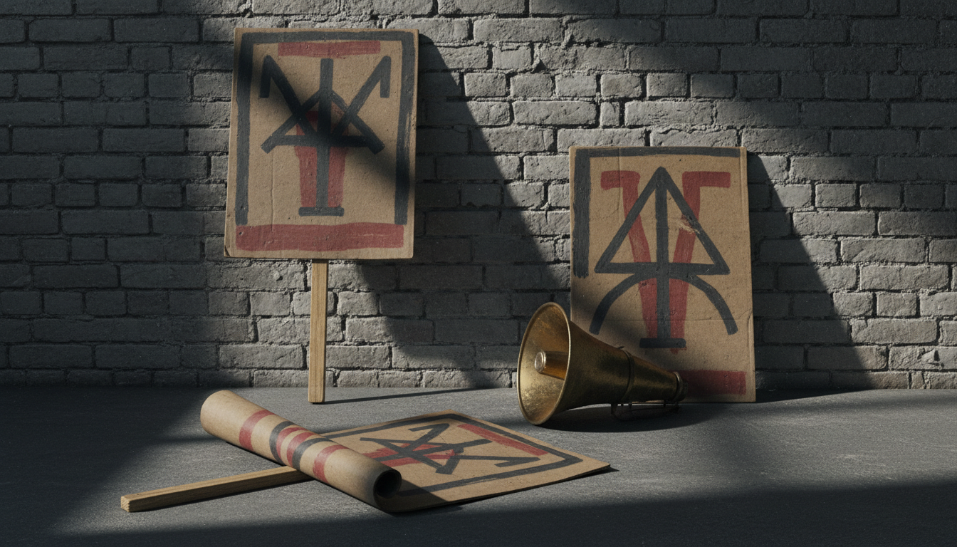 Protest signs with bold graphic symbols leaning against a brick wall, with a brass megaphone on the ground — Falconee brand hero image