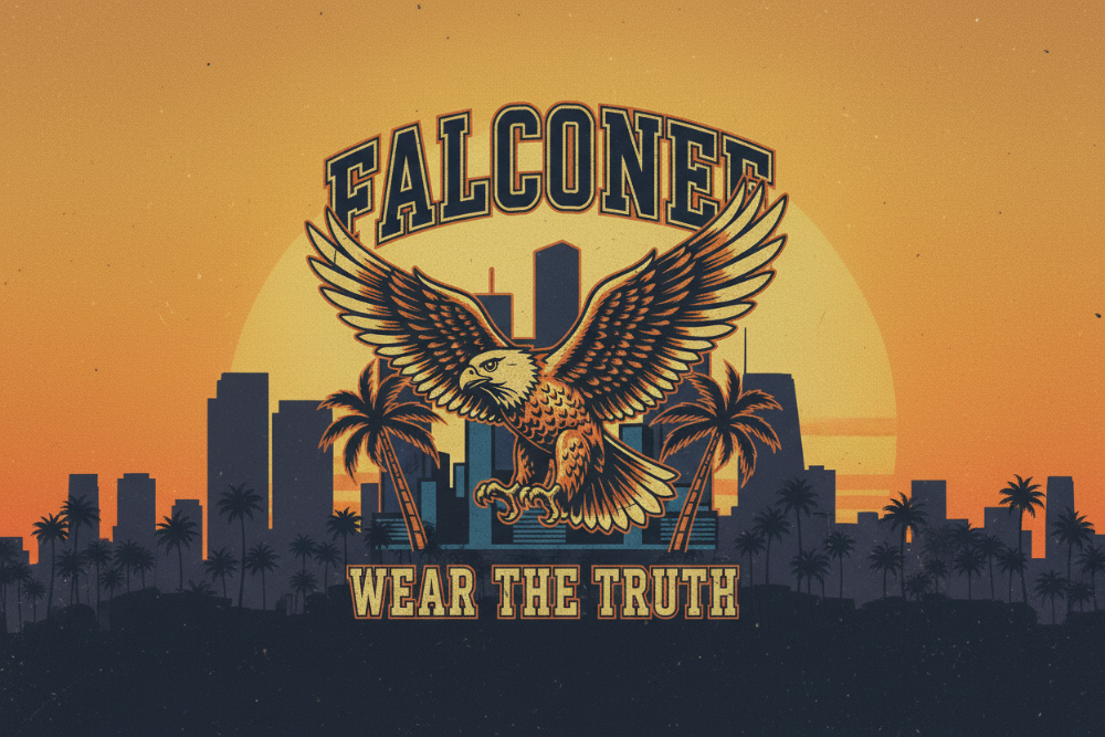 Falconee brand hero graphic featuring a bold eagle with wings spread over a city skyline at sunset, with the tagline Wear The Truth