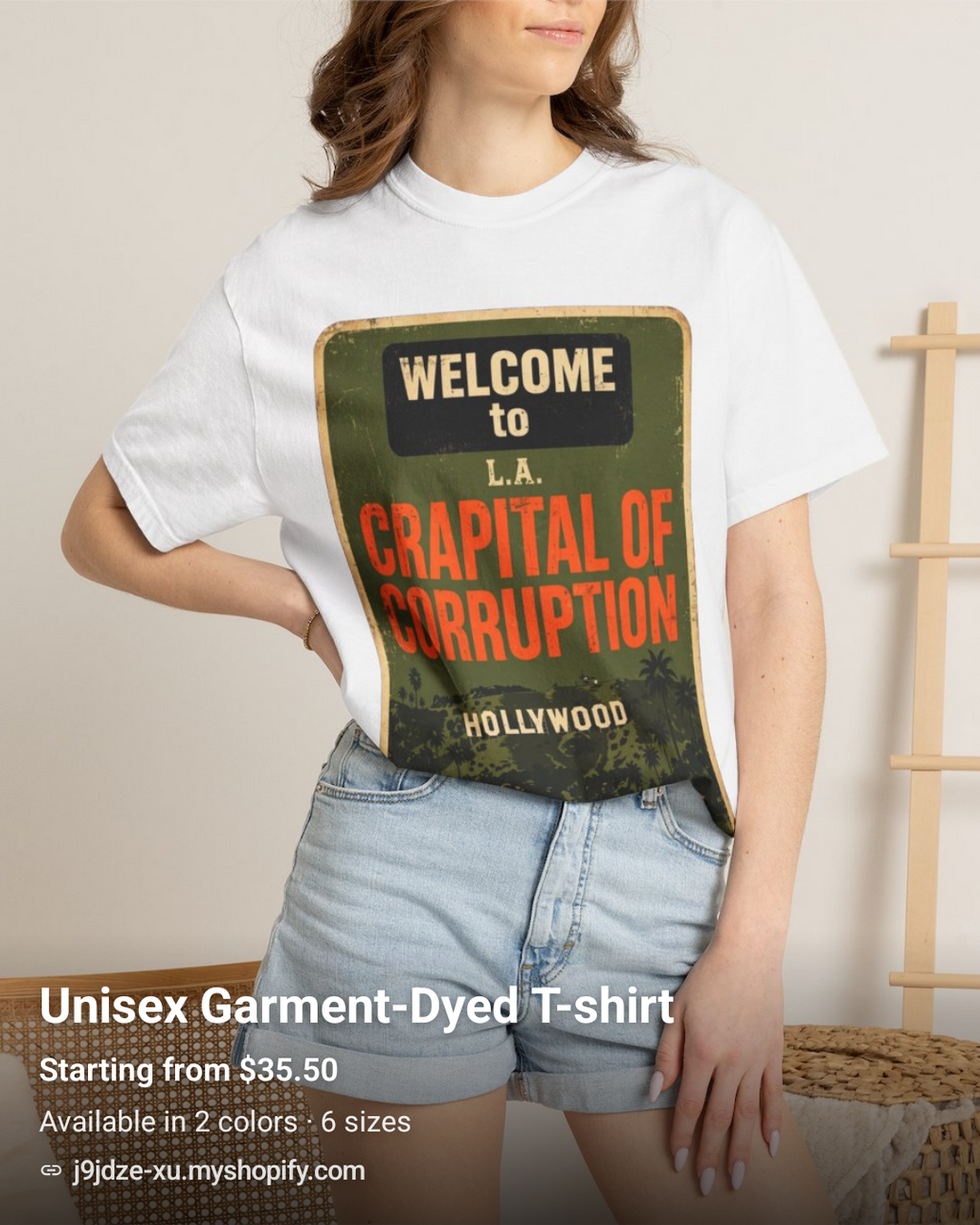 Welcome to LA Crapital of Corruption T-Shirt | Funny Hollywood Satire Tee | Vintage Graphic Unisex Garment Dyed Shirt-Comfort Colors 1717